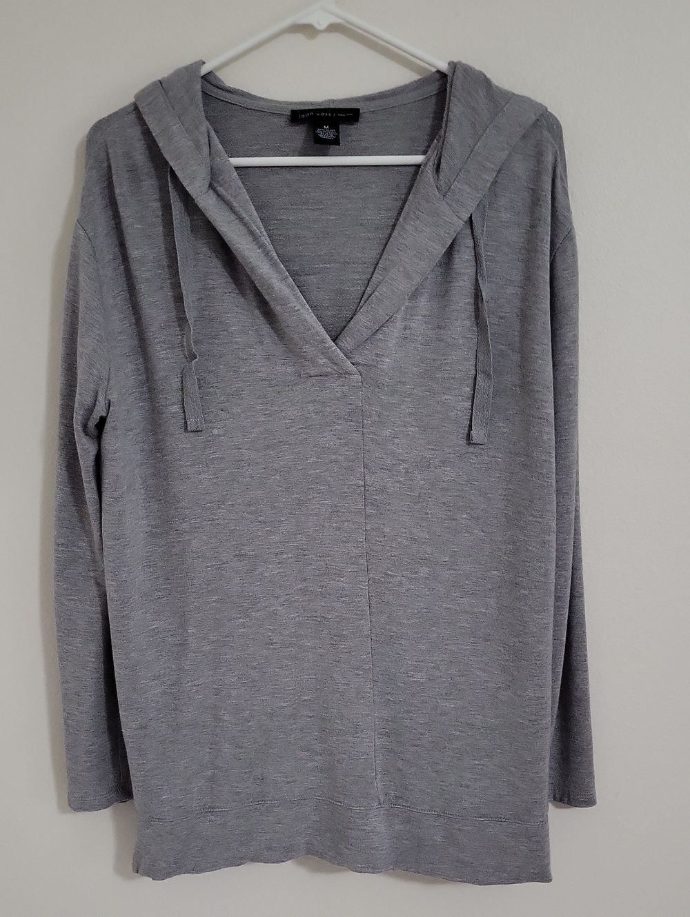 Joan Vass Heather Gray V-Neck Hooded Pullover
